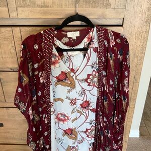 LOFT Burgundy Floral Kimono and matching camisole.